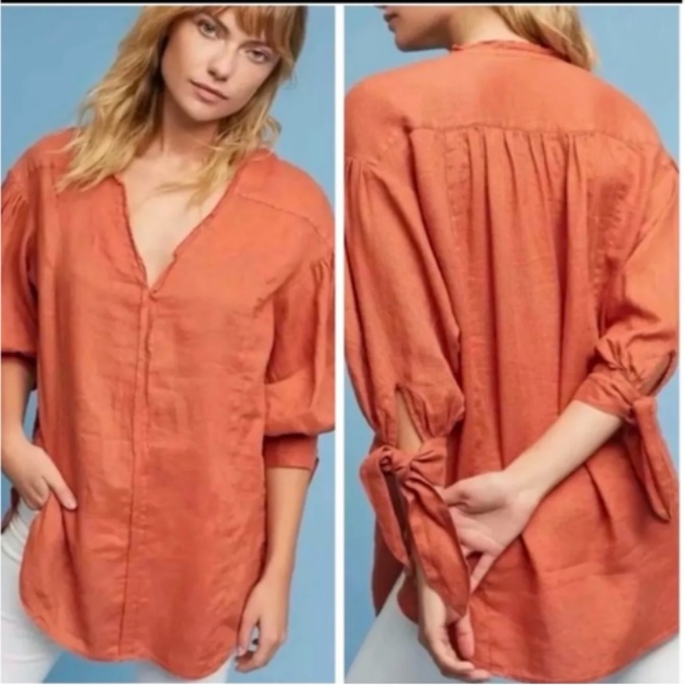 HOLDING HORSES Rust Orange V-Neck Tie Cuff Linen Tunic
